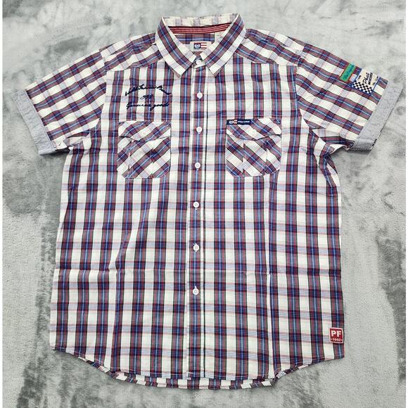 Vintage 90s Phat Farm Plaid Embroidered Short Sleeve Shirt Size M Patches Cotton - Picture 1 of 12